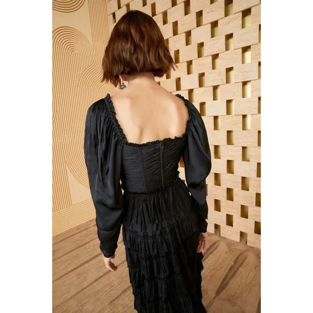 Ulla Johnson Mia Blouse Sz 0 Black Plisse Satin Bustier Puff Sleeve Pleated Sexy